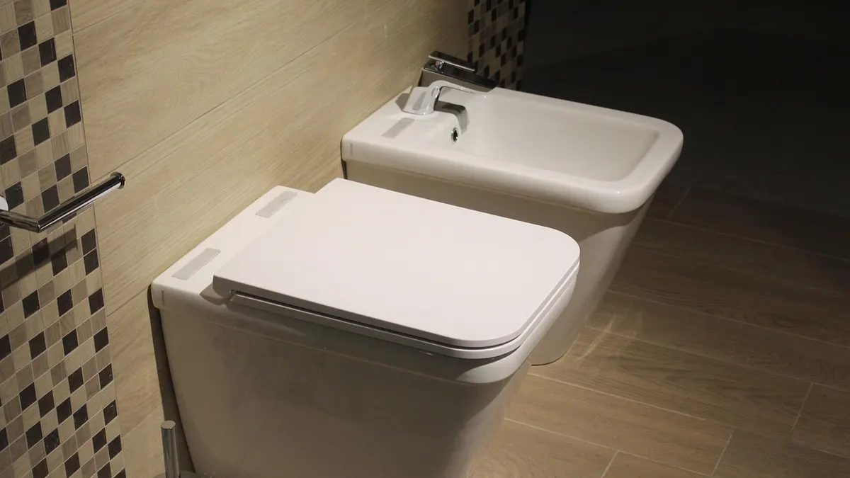 Vaso sanitário e bidê brancos em banheiro moderno