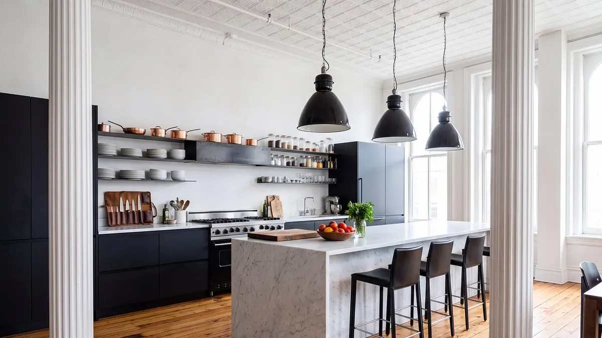 Cozinha moderna com bancada de mármore, banquetas e armários escuros